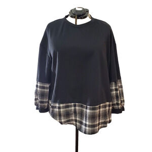Bloomchic Plaid Blouse Women's 2X Black White Contrast Long Sleeve Arc Hem NWT